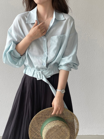Jiangzuo női blúz len-ramie-Tencel keverékből, francia stílus, casual top kardigán-stílusban, egyszínű, 3/4-ös ujjak, patchwork