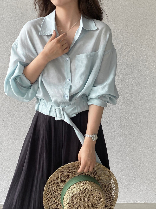 Jiangzuo női blúz len-ramie-Tencel keverékből, francia stílus, casual top kardigán-stílusban, egyszínű, 3/4-ös ujjak, patchwork