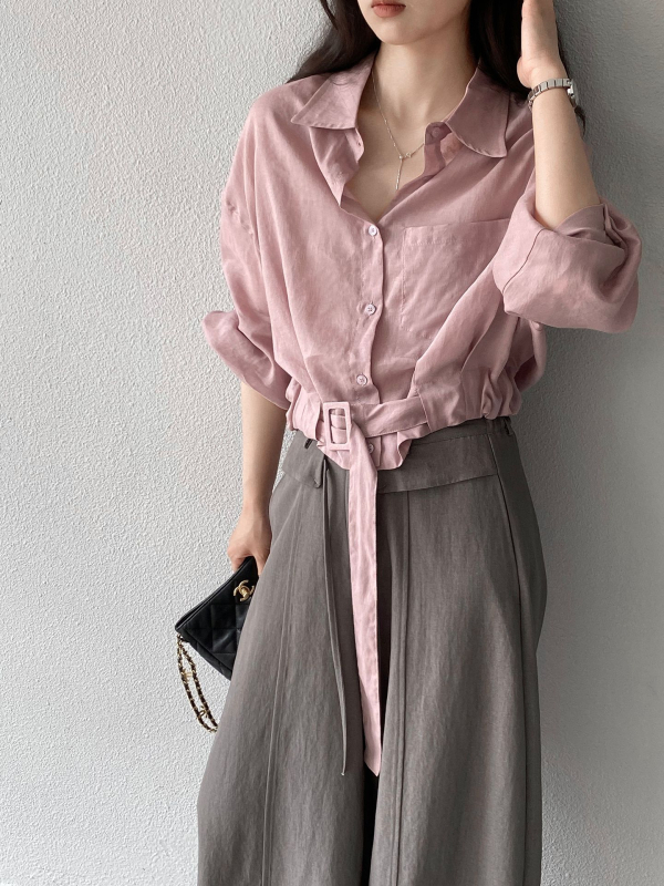 Jiangzuo női blúz len-ramie-Tencel keverékből, francia stílus, casual top kardigán-stílusban, egyszínű, 3/4-ös ujjak, patchwork