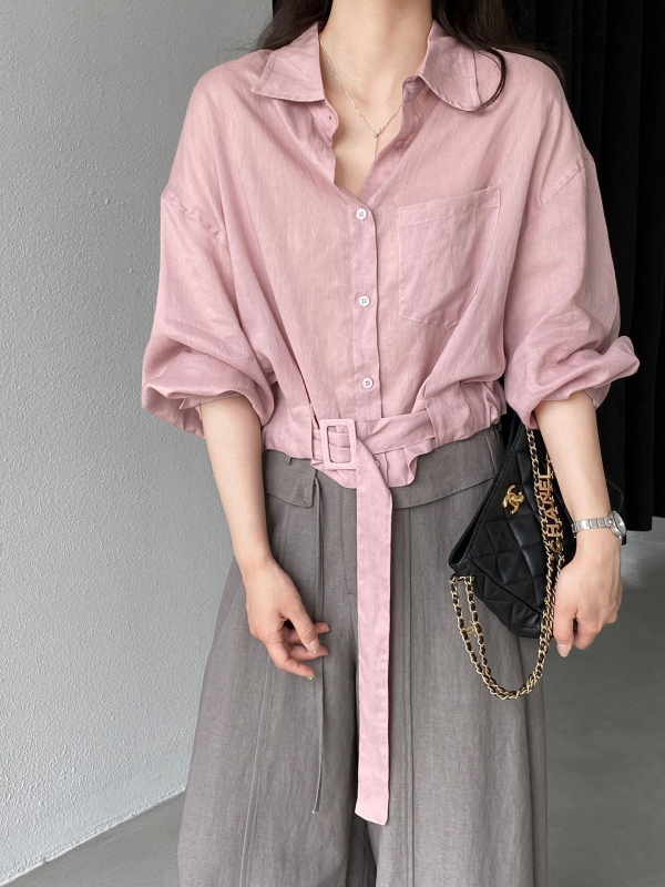 Jiangzuo női blúz len-ramie-Tencel keverékből, francia stílus, casual top kardigán-stílusban, egyszínű, 3/4-ös ujjak, patchwork
