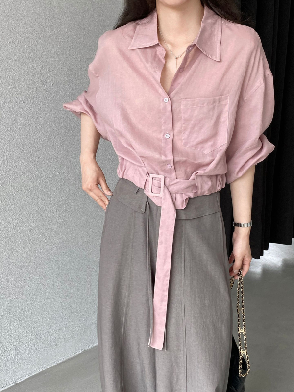 Jiangzuo női blúz len-ramie-Tencel keverékből, francia stílus, casual top kardigán-stílusban, egyszínű, 3/4-ös ujjak, patchwork