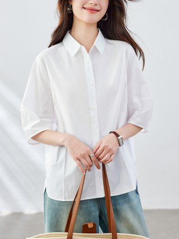 Női fehér pamut ing, polo nyakkal, 3/4 ujjú, laza szabás, francia ihletésű dizájn, koreai stílus