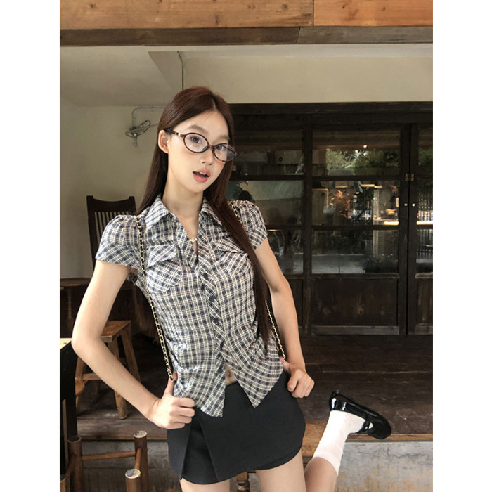 Női kockás rövid ujjú ing, koreai retro karcsú szabás