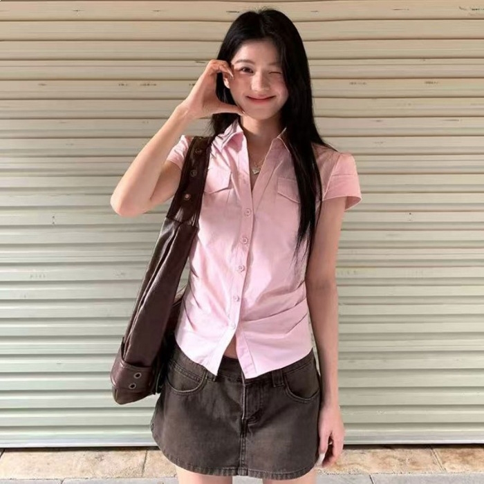 Női kockás rövid ujjú ing, koreai retro karcsú szabás