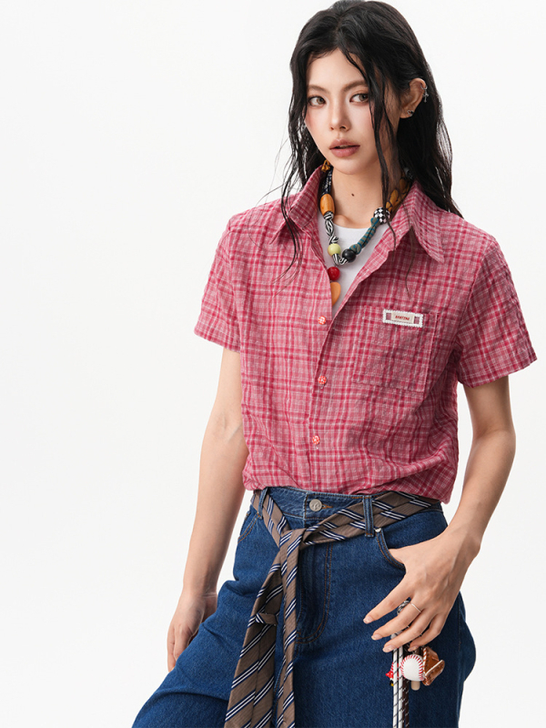 Női rövid ujjú ing amerikai retro stílusú piros kockás, nyári slim-fit fazon, hétköznapi és sokoldalú felső