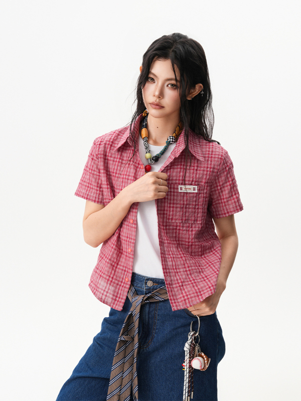 Női rövid ujjú ing amerikai retro stílusú piros kockás, nyári slim-fit fazon, hétköznapi és sokoldalú felső