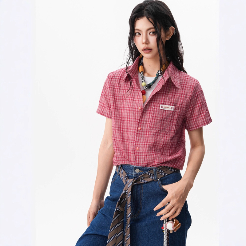 Női rövid ujjú ing amerikai retro stílusú piros kockás, nyári slim-fit fazon, hétköznapi és sokoldalú felső