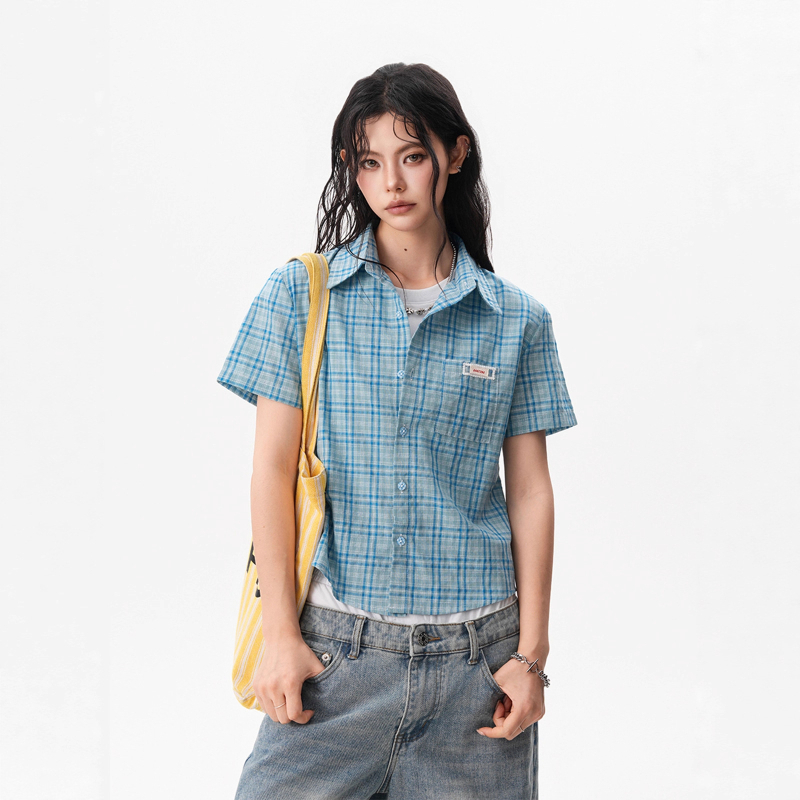 Női rövid ujjú ing amerikai retro stílusú piros kockás, nyári slim-fit fazon, hétköznapi és sokoldalú felső