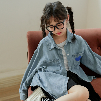Cardigan-jachetă din denim și bumbac pentru fete, croială oversize, mâneci lungi, partea din față scurtă, spatele lung, toamnă-iarnă 2024