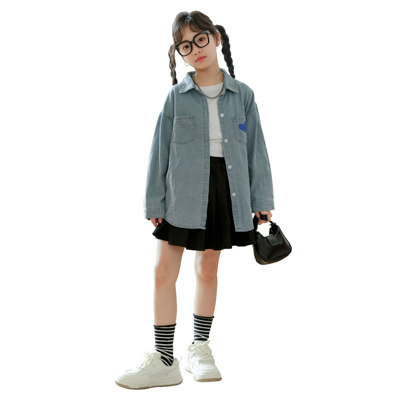 Cardigan-jachetă din denim și bumbac pentru fete, croială oversize, mâneci lungi, partea din față scurtă, spatele lung, toamnă-iarnă 2024