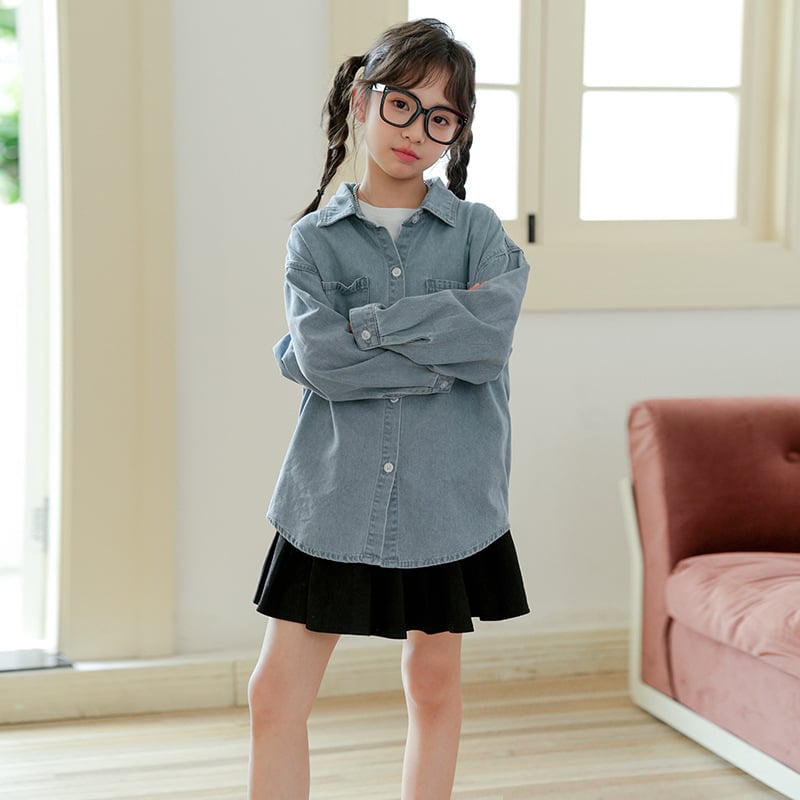 Cardigan-jachetă din denim și bumbac pentru fete, croială oversize, mâneci lungi, partea din față scurtă, spatele lung, toamnă-iarnă 2024