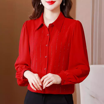 Fekete chiffon blúz strasszkövekkel, hosszú ujjú, polo galléros, egyszínű