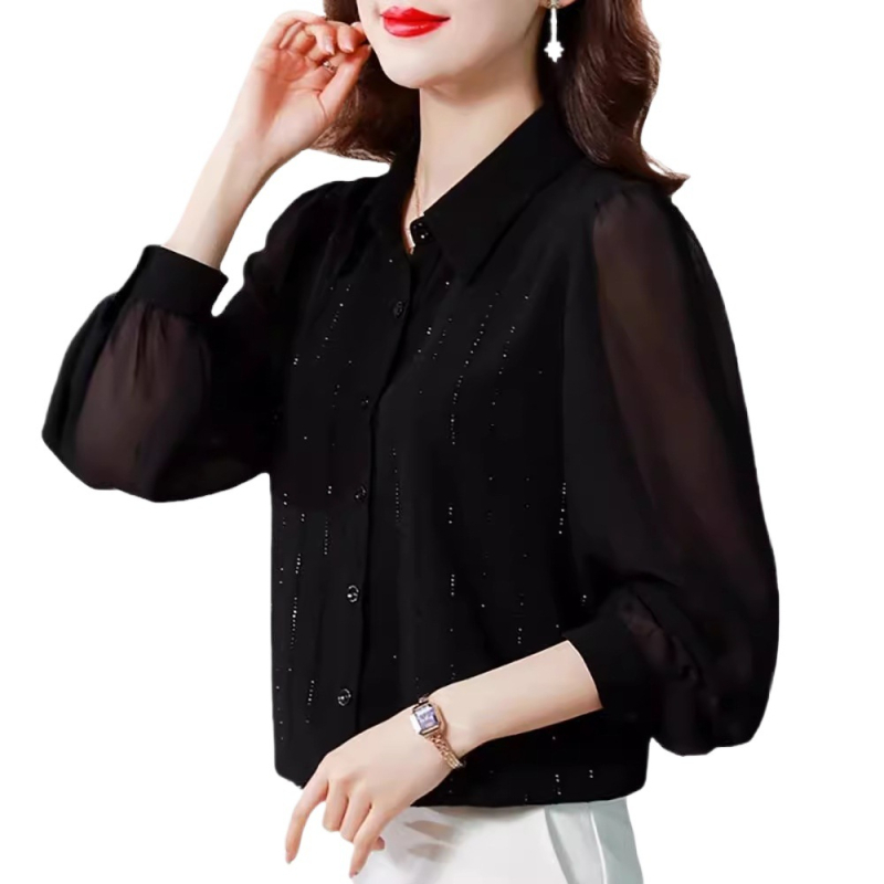 Fekete chiffon blúz strasszkövekkel, hosszú ujjú, polo galléros, egyszínű