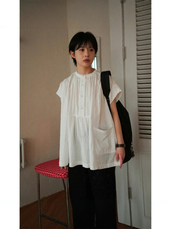 Női rövid ujjúing, laza szabás, gombos zsebekkel, japán ihletésű minimalist design, nyári vintage top pamut-szál.