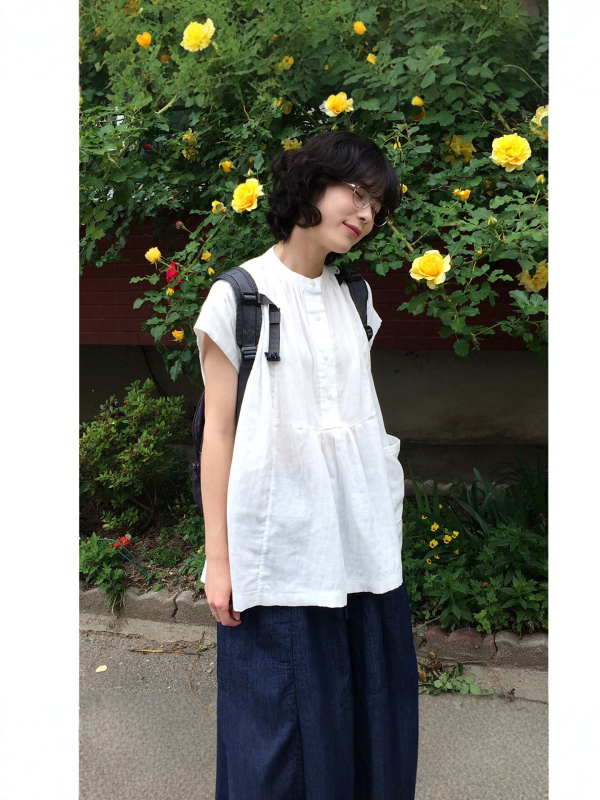 Női rövid ujjúing, laza szabás, gombos zsebekkel, japán ihletésű minimalist design, nyári vintage top pamut-szál.