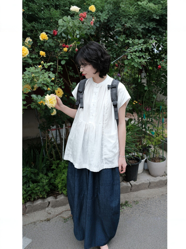 Női rövid ujjúing, laza szabás, gombos zsebekkel, japán ihletésű minimalist design, nyári vintage top pamut-szál.