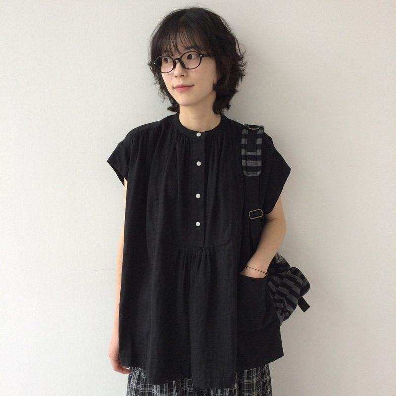 Női rövid ujjúing, laza szabás, gombos zsebekkel, japán ihletésű minimalist design, nyári vintage top pamut-szál.