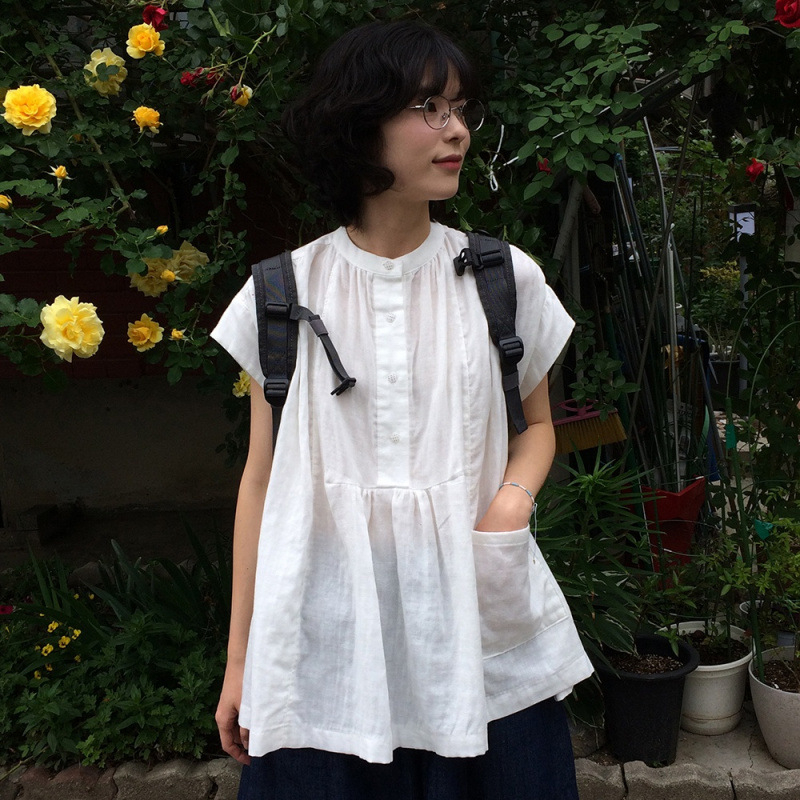 Női rövid ujjúing, laza szabás, gombos zsebekkel, japán ihletésű minimalist design, nyári vintage top pamut-szál.