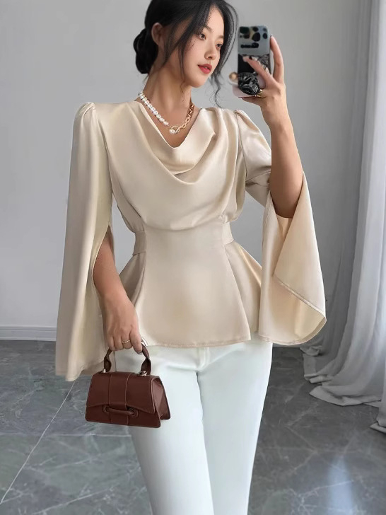 Női szaténblúz magas minőségű eleganciával, tavaszi fazon, derekat kiemelő szabás, sokoldalú chic felső