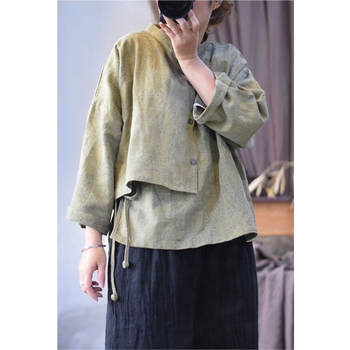 Női retro stílusú ing mosott lenből jacquard textúrával, belső húzózsinórral és külső elülső gombos plakkal, tavaszi dizájn, modell 23075