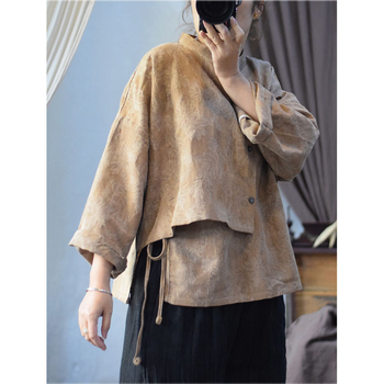 Női retro stílusú ing mosott lenből jacquard textúrával, belső húzózsinórral és külső elülső gombos plakkal, tavaszi dizájn, modell 23075