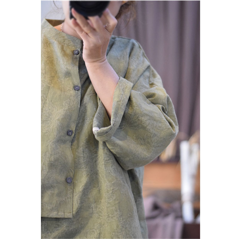 Női retro stílusú ing mosott lenből jacquard textúrával, belső húzózsinórral és külső elülső gombos plakkal, tavaszi dizájn, modell 23075