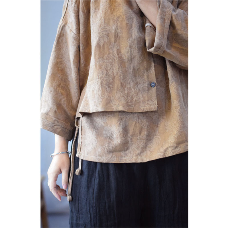 Női retro stílusú ing mosott lenből jacquard textúrával, belső húzózsinórral és külső elülső gombos plakkal, tavaszi dizájn, modell 23075