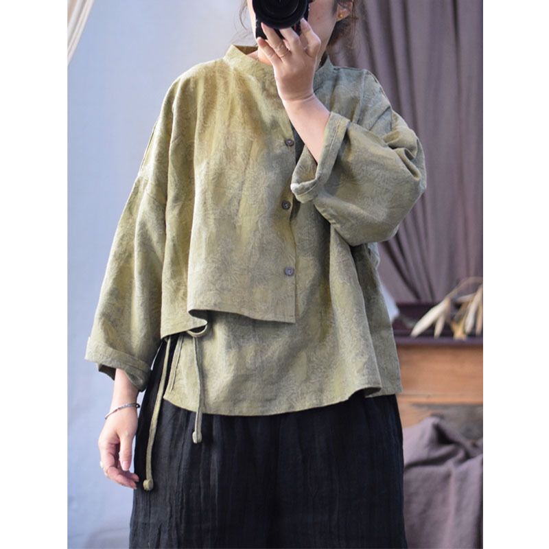Női retro stílusú ing mosott lenből jacquard textúrával, belső húzózsinórral és külső elülső gombos plakkal, tavaszi dizájn, modell 23075