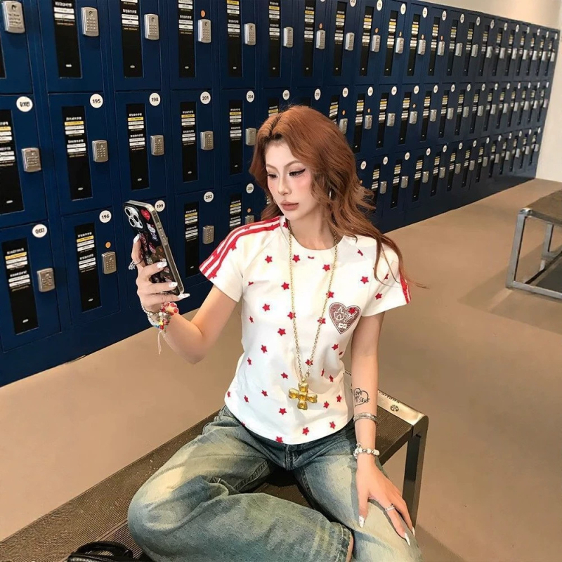Női rövid ujjú póló csillag mintával, nyári slim fit topp, amerikai stílusú design