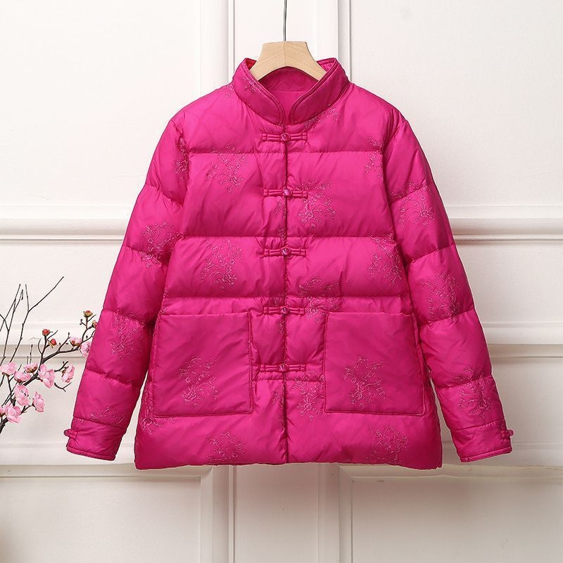 Női kínai stílusú hímzett pehelydzseki, rövid, könnyű, álló gallérral, hagyományos dizájnú gombokkal, etnikus stílus