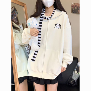 Kutyás kapucnis pulóver, japán stílusú, fleece belsővel őszi–téli szezonra, aranyos hosszú fülű dizájn, laza szabás nőknek