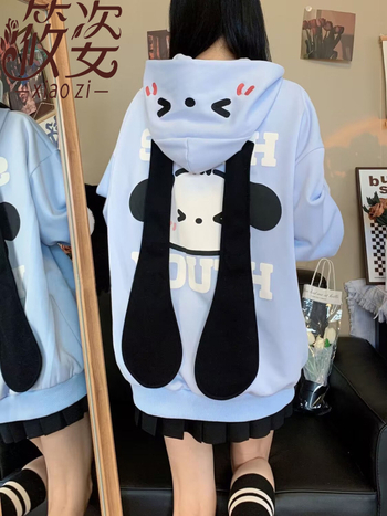 Kutyás kapucnis pulóver, japán stílusú, fleece belsővel őszi–téli szezonra, aranyos hosszú fülű dizájn, laza szabás nőknek