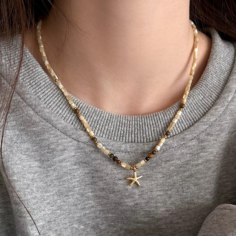 Vintage természetes kagyló Tiger Eye kő csillaghal formájú medálos nyaklánc nőknek, prémium kulcslánc, sokoldalú könnyű luxus nyári ékszer