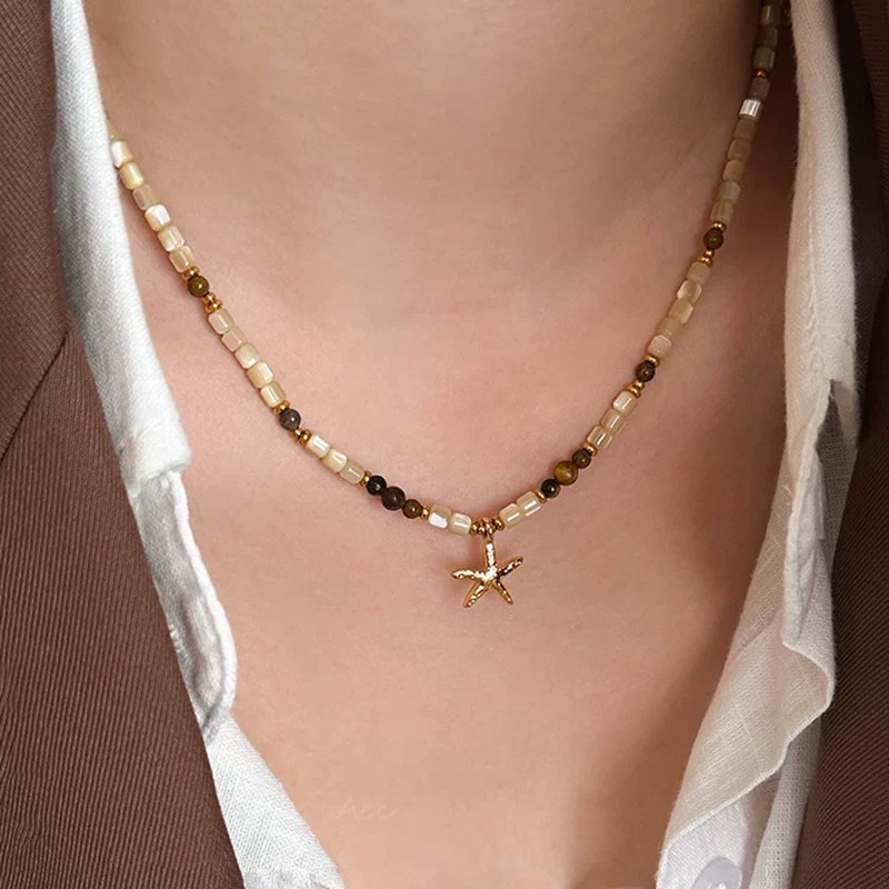 Vintage természetes kagyló Tiger Eye kő csillaghal formájú medálos nyaklánc nőknek, prémium kulcslánc, sokoldalú könnyű luxus nyári ékszer