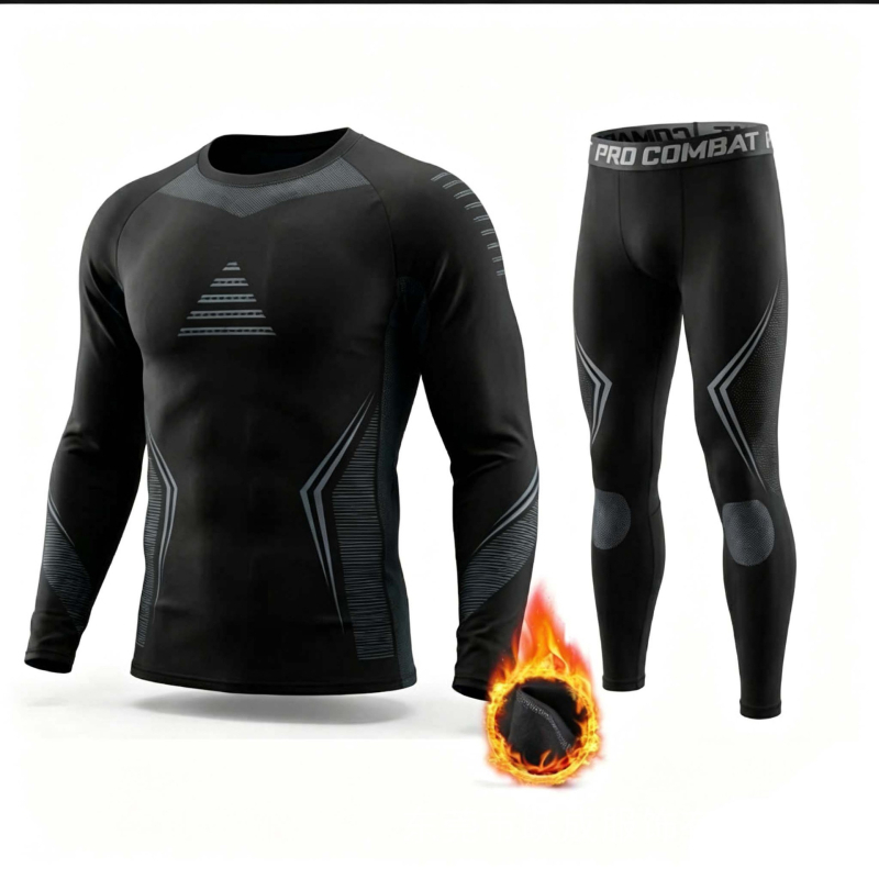 Set termic din fleece pentru bărbați, toamnă‑iarna, elastic, uscare rapidă, strat de bază pentru fitness – tricou cu mânecă lungă și pantaloni
