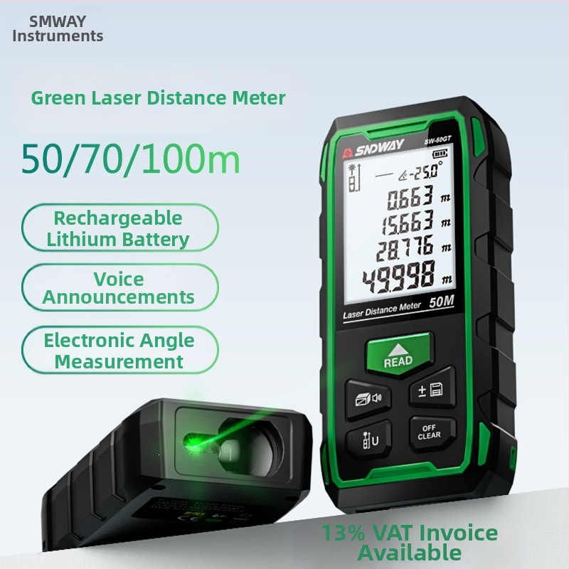 SNDWAY SW-100GT zelený laserový merač vzdialenosti pre vnútorné a vonkajšie meranie, elektronické pravítko