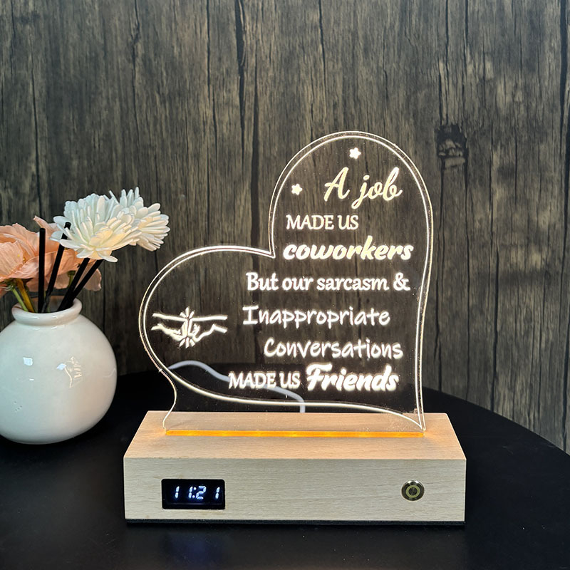 Tömörfa órás 3D éjszakai fény és akril LED asztali lámpa