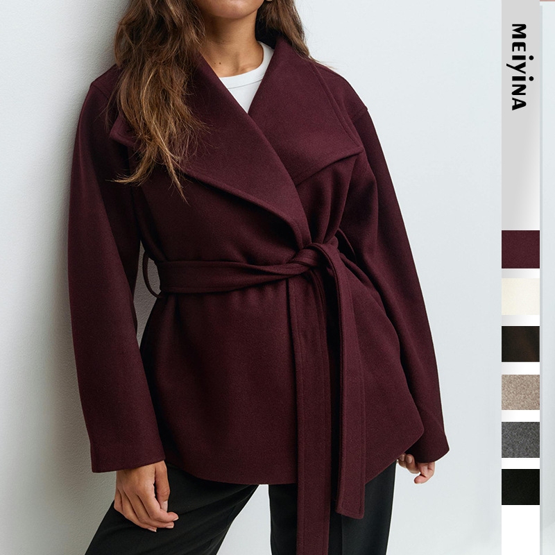 Γυναικείο διπλής όψης παλτό από μαλλί με ψηλό γιακά, μεσαίου μήκους, ζεστό για φθινόπωρο-χειμώνα