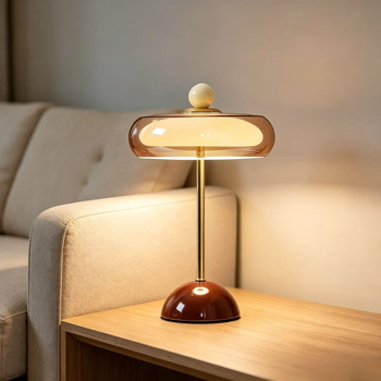 Sklenená stolová lampa do spálne, nabíjateľná hubová lampa, luxusná vintage atmosféra, osvetlenie pri posteli do hlavnej spálne, moderný štýl.