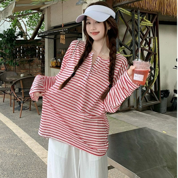 Női koreai stílusú csíkos hosszú ujjú T-shirt, laza szabás, casual és karcsúsító hatású, trendi felső