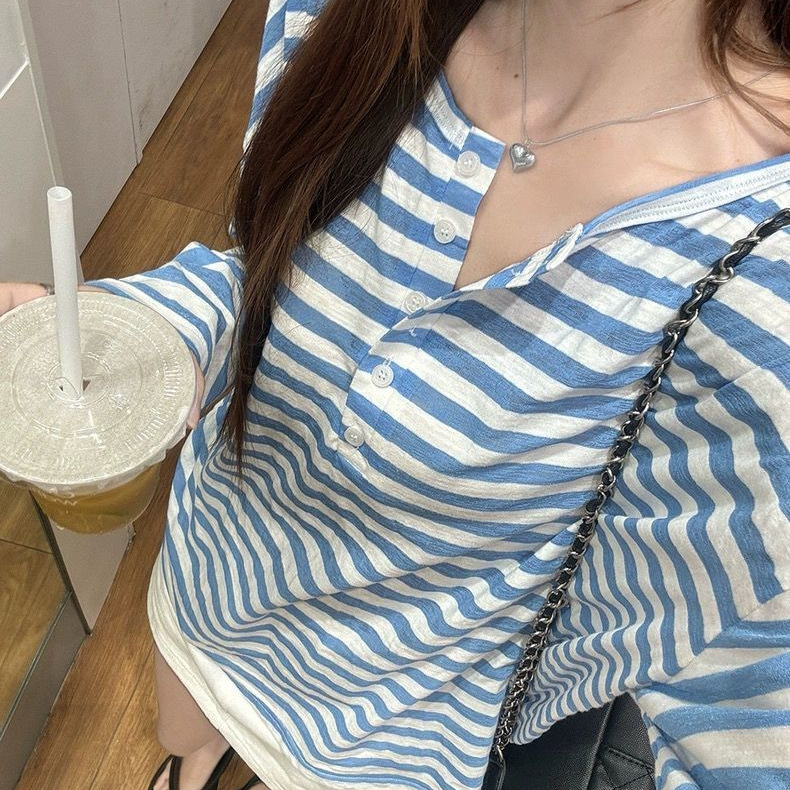 Női koreai stílusú csíkos hosszú ujjú T-shirt, laza szabás, casual és karcsúsító hatású, trendi felső