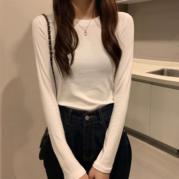 Női koreai stílusú karcsúsított pamut hosszú ujjú T-shirt, egyszínű