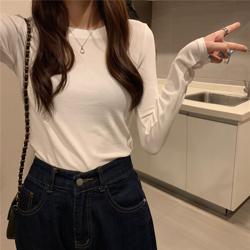 Női koreai stílusú karcsúsított pamut hosszú ujjú T-shirt, egyszínű