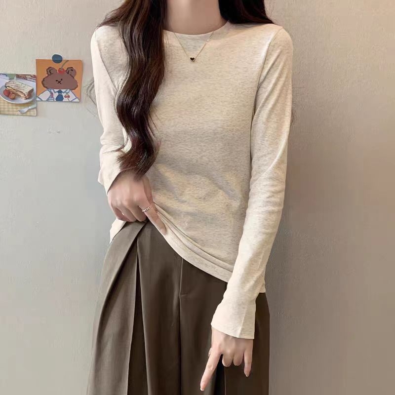Női koreai stílusú karcsúsított pamut hosszú ujjú T-shirt, egyszínű