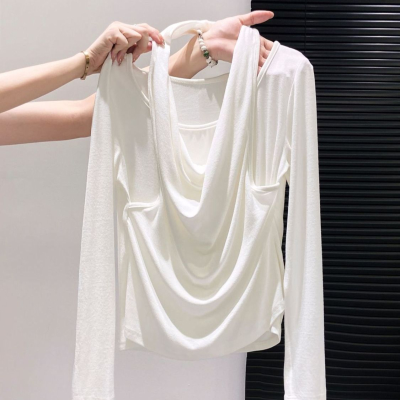 Női hosszú ujjú halterneck nyakú T‑shirt, francia stílus, ősz 2025 kollekció, karcsú szabás