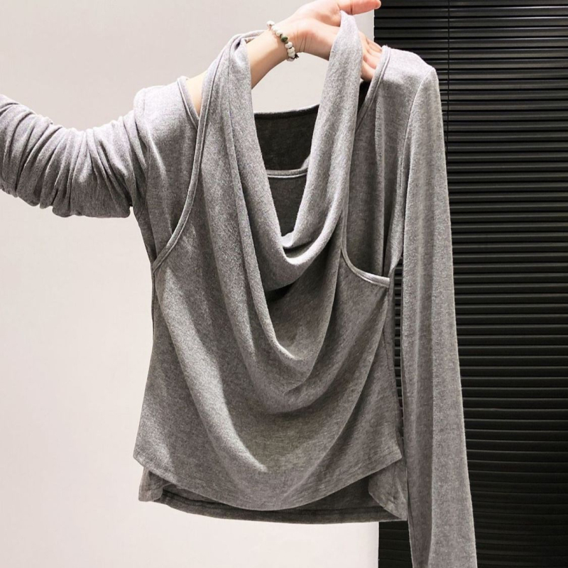 Női hosszú ujjú halterneck nyakú T‑shirt, francia stílus, ősz 2025 kollekció, karcsú szabás