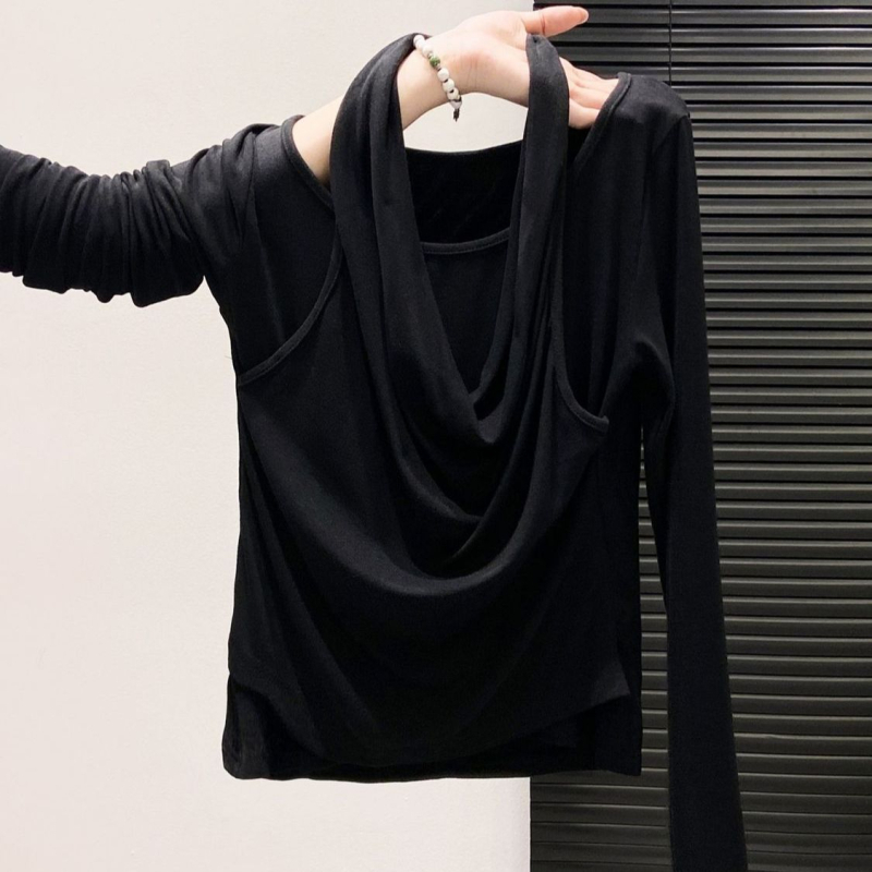 Női hosszú ujjú halterneck nyakú T‑shirt, francia stílus, ősz 2025 kollekció, karcsú szabás