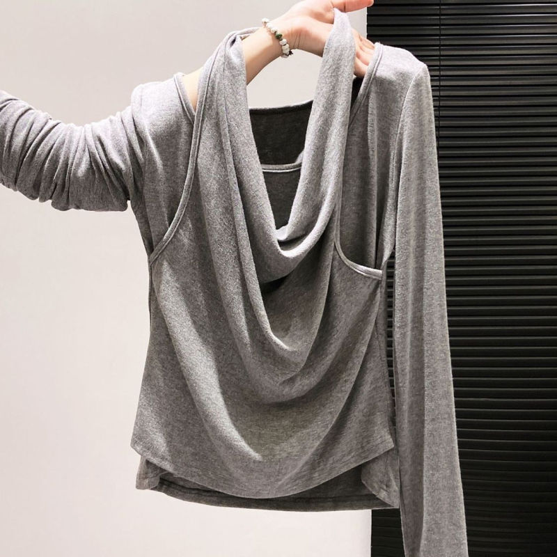 Női hosszú ujjú halterneck nyakú T‑shirt, francia stílus, ősz 2025 kollekció, karcsú szabás