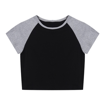 Női crop top színblokkokkal, koreai stílusban, magas derekú, rövid ujjú, nyár