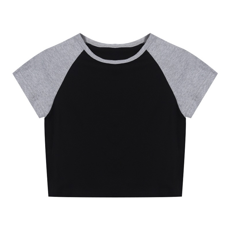 Női crop top színblokkokkal, koreai stílusban, magas derekú, rövid ujjú, nyár